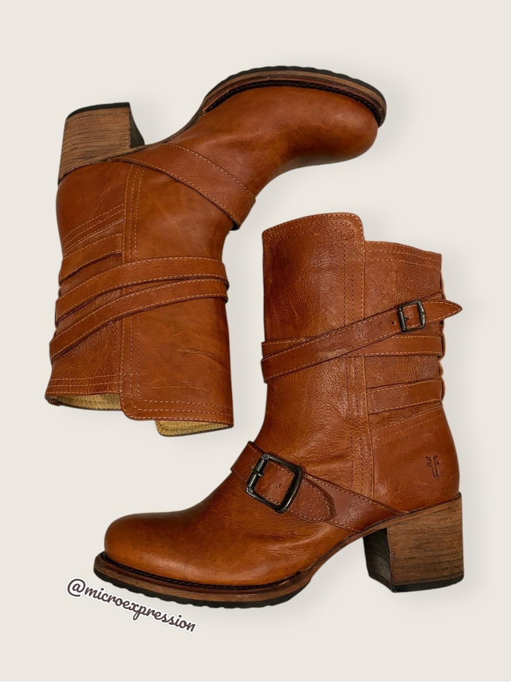 Frye Vera Short Strappy Cognac Leather Buckle Moto Block Heel Fall Riding Boots